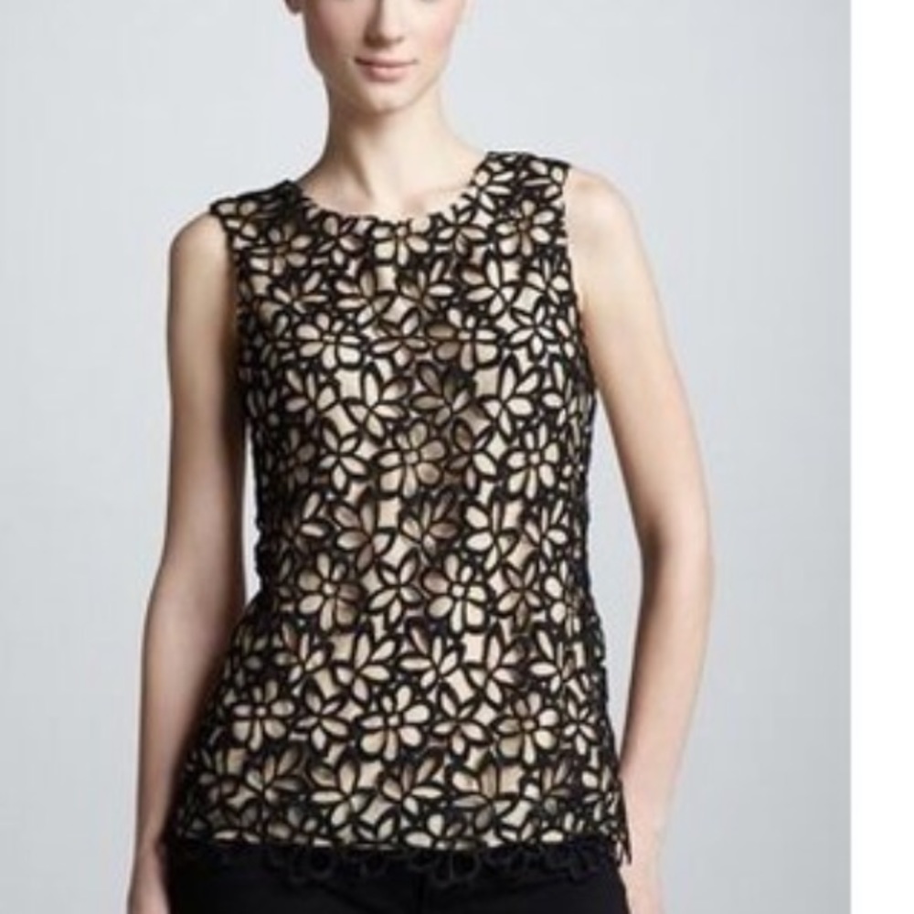 Lela Rose nude black lace overlay shirt